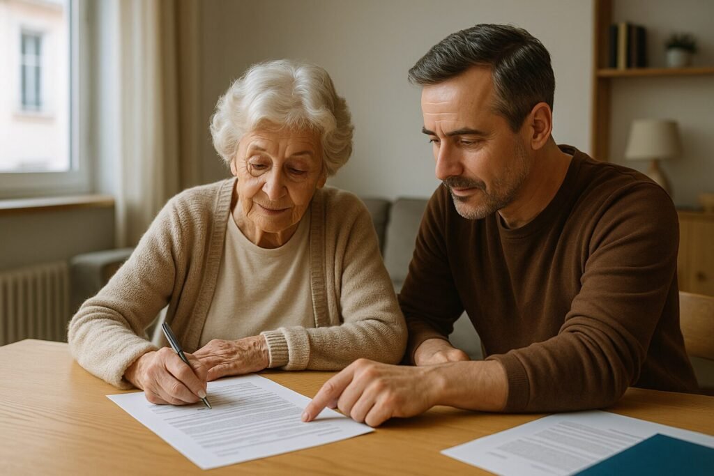 Conciergerie sociale et financière pour proches aidants remplissant des documents en Suisse