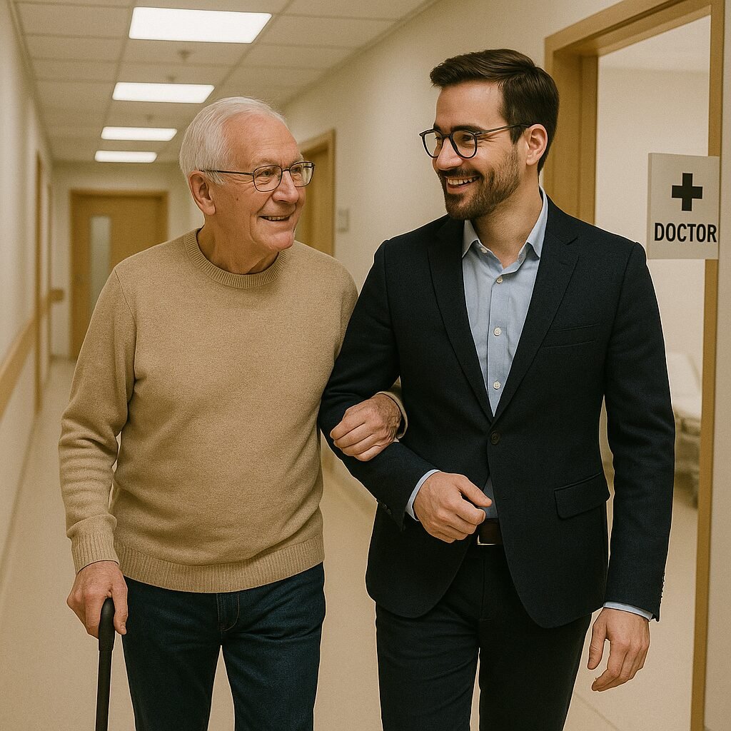 crée une image dans le contexte suivant:"un concierge social accompagne un résident à son rdv chez le médecin". Donne-moi aussi la balise "alt"